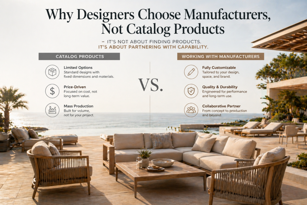 Comparison of patio furniture sets showing catalog products versus custom manufacturer solutions in a luxury outdoor setting