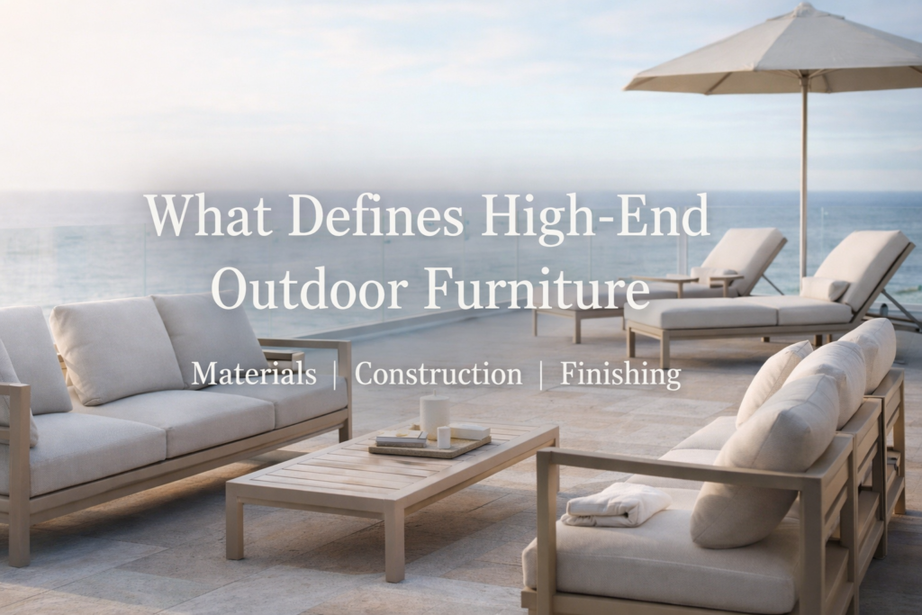 High-end outdoor furniture set on a luxury seaside terrace featuring modern sofas, lounge chairs, and a minimalist coffee table