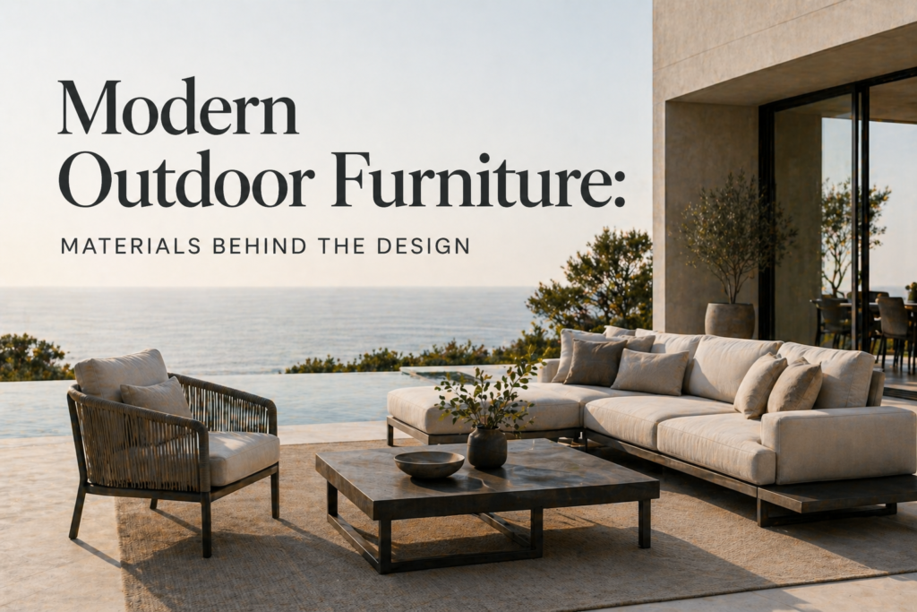 Modern outdoor furniture set featuring a sofa, lounge chair, and coffee table on a luxury terrace overlooking the ocean