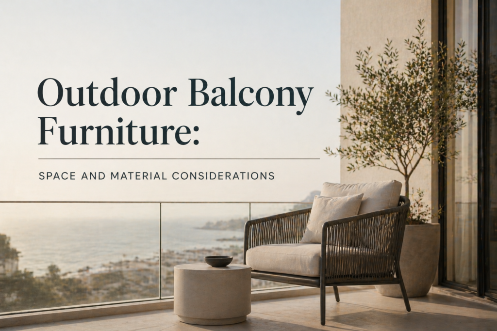 Outdoor balcony furniture featuring a modern lounge chair and side table on a luxury terrace overlooking the ocean