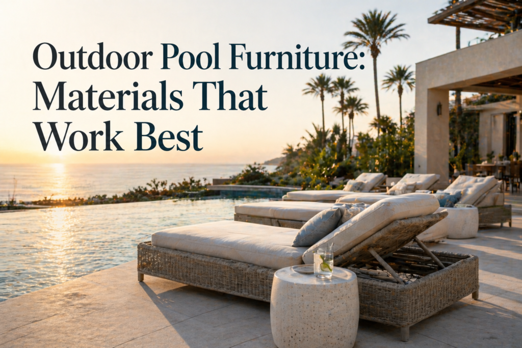Outdoor pool furniture with lounge chairs on a luxury seaside terrace featuring woven daybeds, cushions, and a modern hospitality poolside setting at sunset
