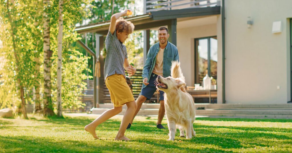 happy playing with dog in home garden outdoor