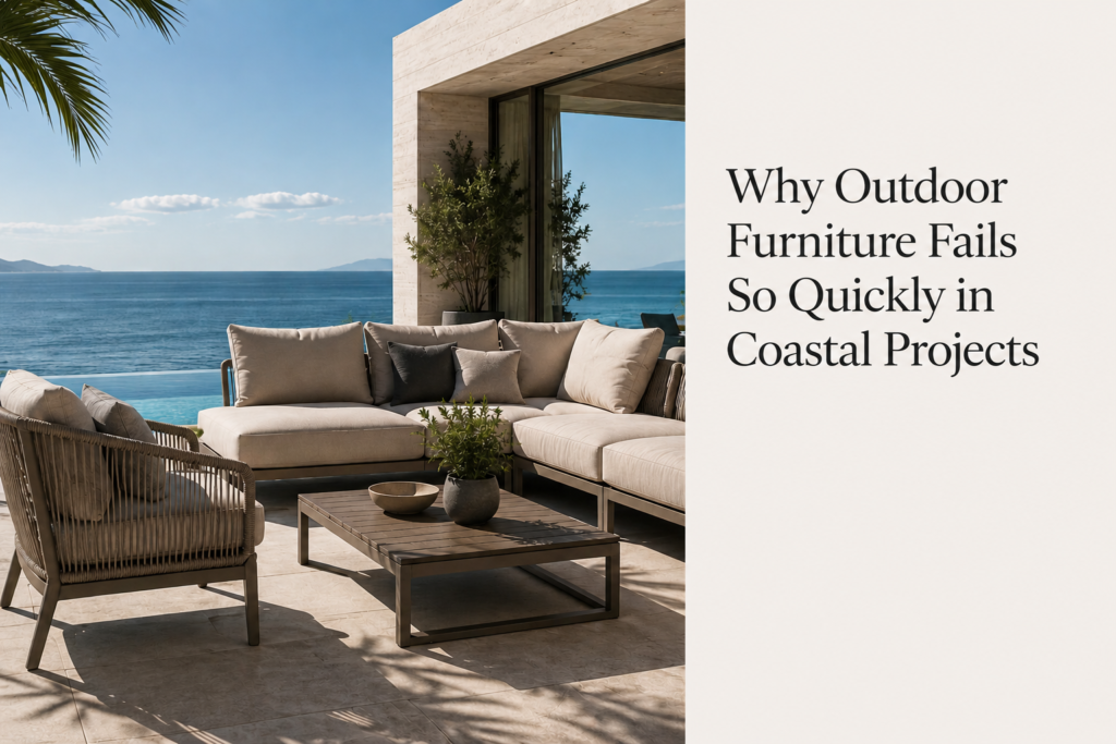 Luxury coastal outdoor furniture setting featuring a modern sofa and lounge chair on an oceanfront terrace