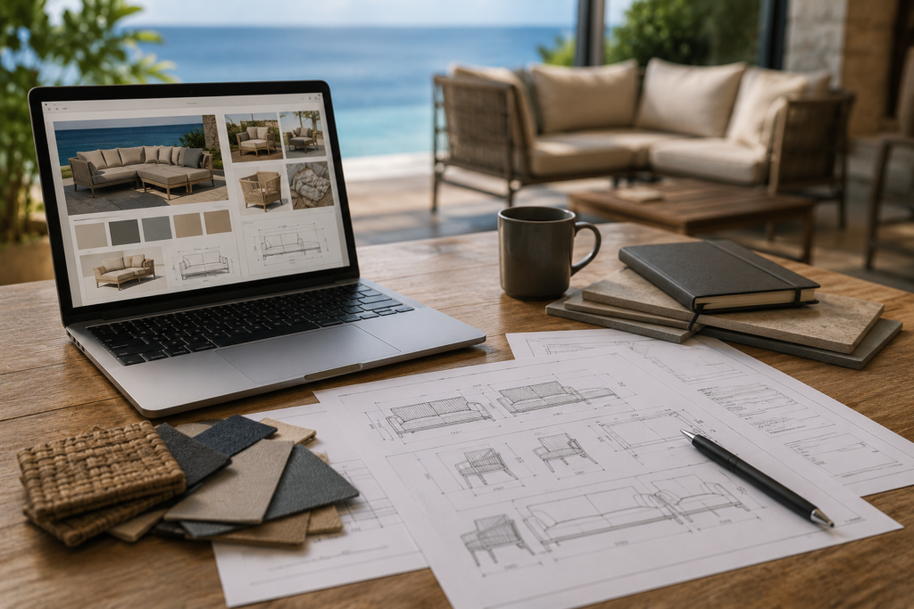 Outdoor furniture design planning workspace featuring material samples, technical drawings, and a laptop beside a coastal terrace setting