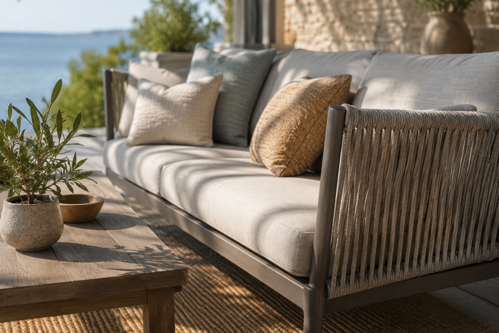 Luxury outdoor seating area with modern sofa, lounge chair, and coffee table overlooking the ocean beside an infinity pool
