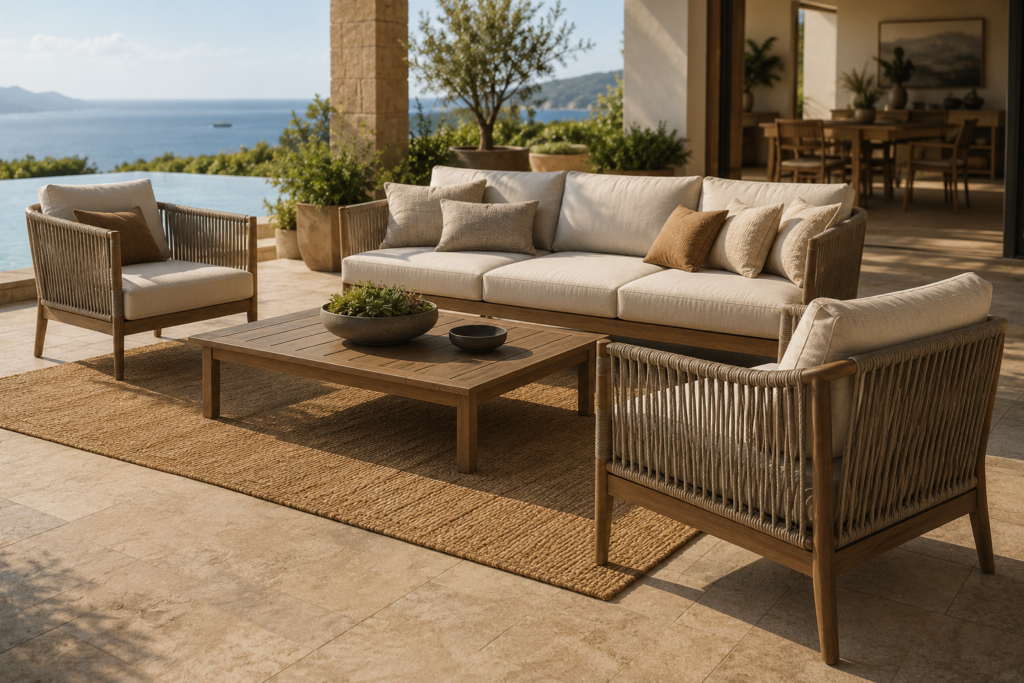 Luxury outdoor sofa and lounge chair set arranged on a modern oceanfront terrace with warm natural sunlight
