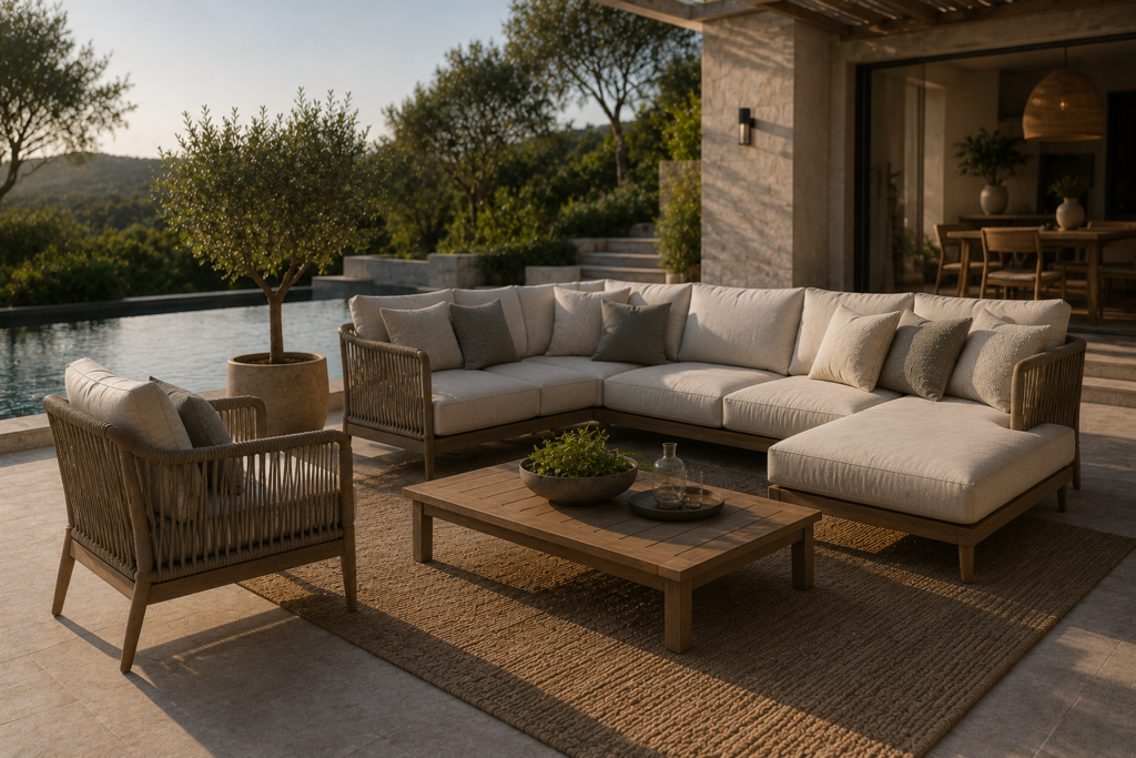 Modern outdoor sectional sofa and lounge chair beside a pool in a luxury terrace setting during golden hour