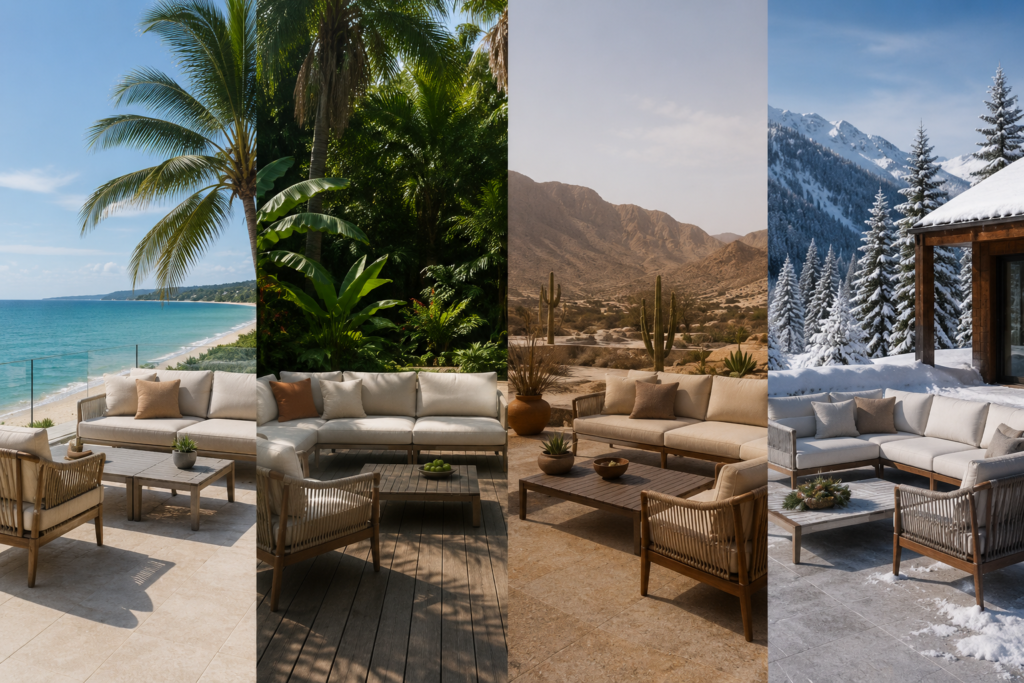 Modern outdoor furniture displayed across coastal, tropical, desert, and snowy environments to illustrate different climate conditions