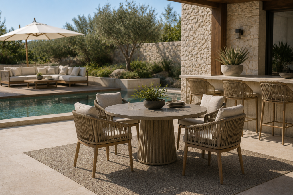 Luxury outdoor dining and lounge furniture arranged beside a swimming pool in a modern resort-style terrace setting