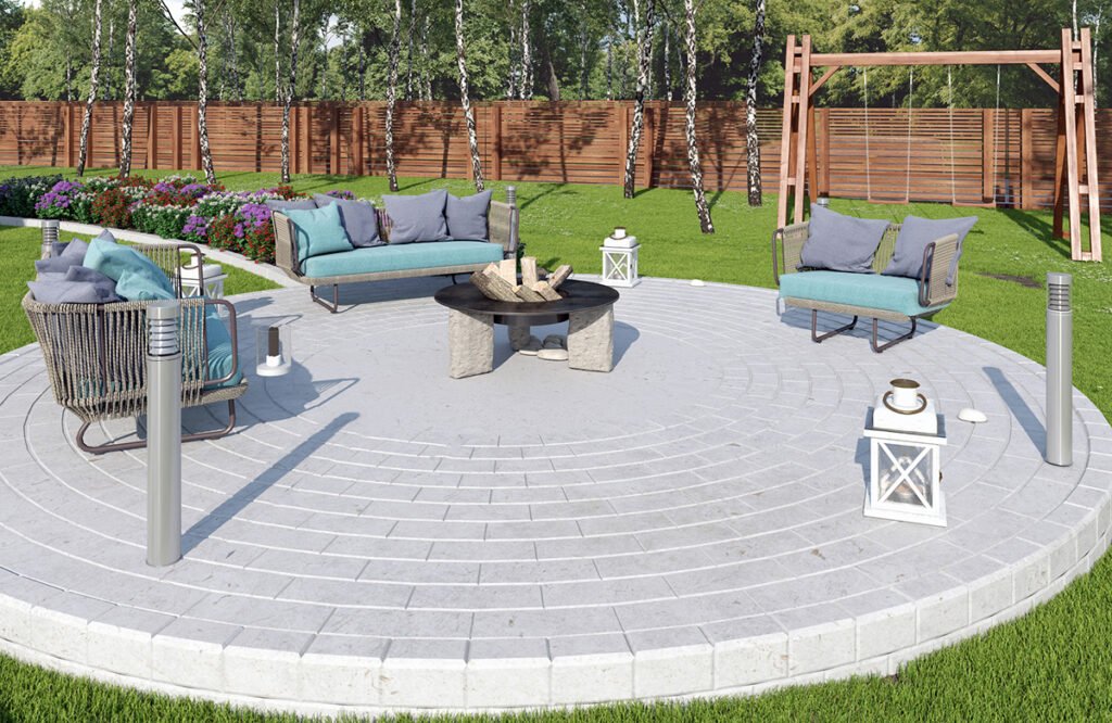 Outdoor patio furniture arrangement featuring sofas, lounge chairs, and a fire pit in a landscaped garden setting