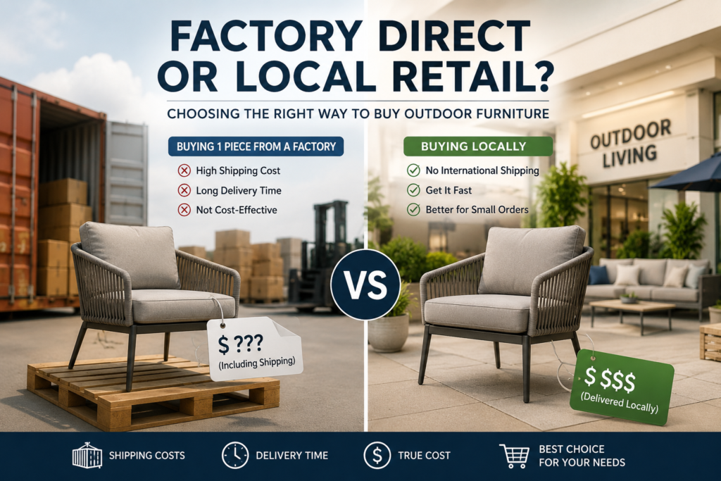 Comparison of buying outdoor furniture directly from a factory versus purchasing from a local retailer, illustrating the differences in shipping costs, delivery times, and purchasing strategies for small outdoor furniture orders.