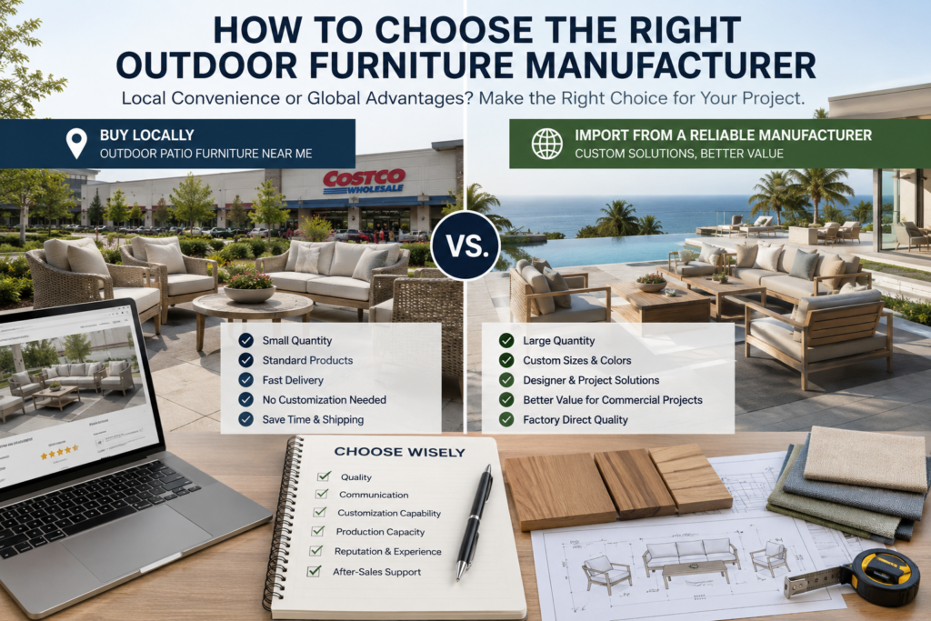 Comparison of buying outdoor patio furniture locally versus sourcing directly from a reliable outdoor furniture manufacturer, highlighting the benefits of local retail purchases for small orders and custom factory solutions for commercial projects.