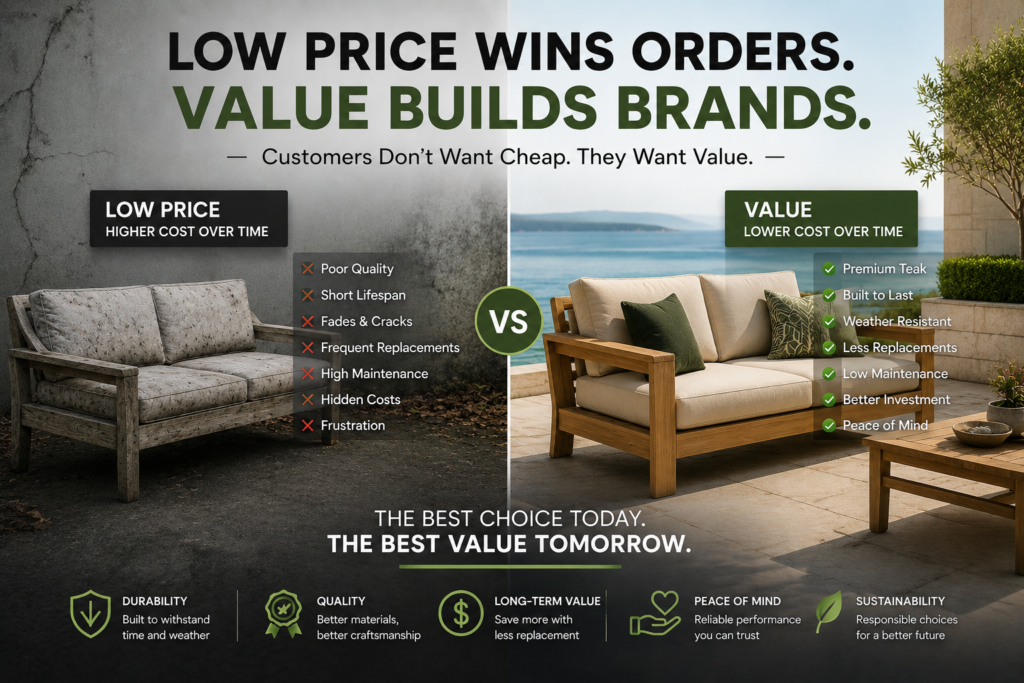 Comparison between low-price outdoor furniture and premium teak outdoor furniture, illustrating how quality materials, durability, and long-term value create a better investment than choosing the cheapest option.