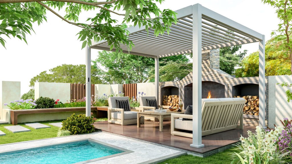 Modern luxury pergola in backyard garden with outdoor seating area and small swimming pool, 3D Rendering Modern outdoor pergola lounge with comfortable patio furniture, built-in fireplace, and poolside seating, creating a luxury backyard outdoor living and entertainment space.