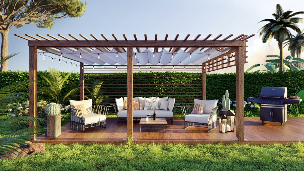 Luxury Outdoor Pergola with Patio Furniture Lounge Luxury outdoor pergola lounge featuring weather-resistant outdoor furniture, cushioned seating, and ambient lighting, creating an elegant backyard entertainment and relaxation space.