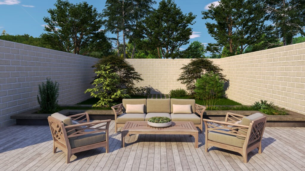 Luxury Teak Outdoor Patio Furniture Set with Cushions Luxury outdoor patio furniture set with a natural teak frame, beige cushions, and a matching coffee table arranged on a modern backyard deck, creating a comfortable and elegant outdoor living space.