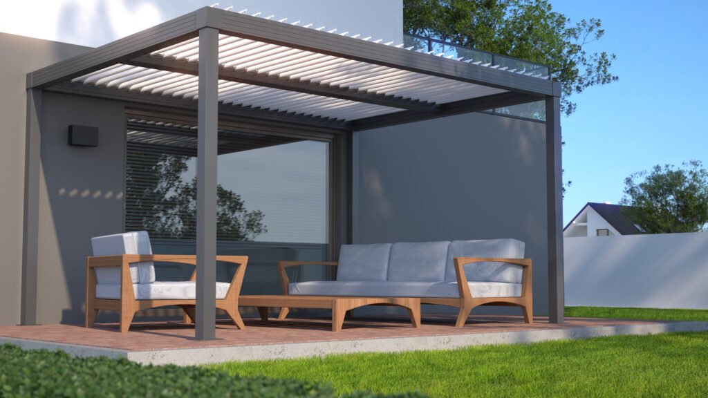 Modern outdoor pergola with teak patio furniture, including a sofa, lounge chairs, and coffee table, creating a stylish and comfortable outdoor living space for relaxation and entertaining.