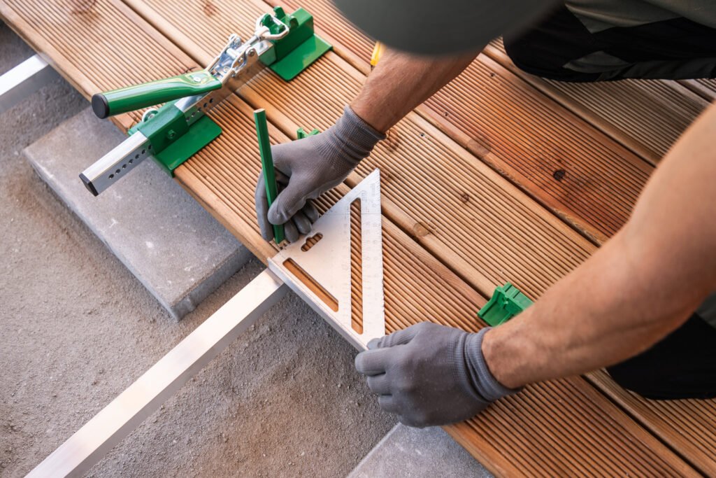 Precision Measurement and Quality Craftsmanship in Outdoor Projects Professional contractor measuring and installing outdoor decking boards using precision tools, demonstrating the importance of craftsmanship, accurate measurements, and quality construction in outdoor living projects.
