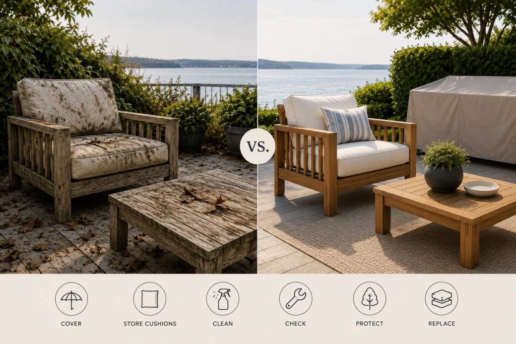 Side-by-side comparison of well-maintained and neglected outdoor furniture, showing how proper care can significantly extend outdoor furniture lifespan.