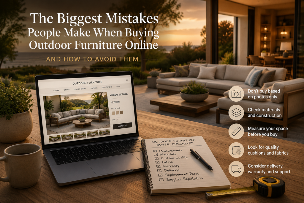Homeowner researching outdoor furniture online with a buyer's checklist before choosing a modern patio furniture set.