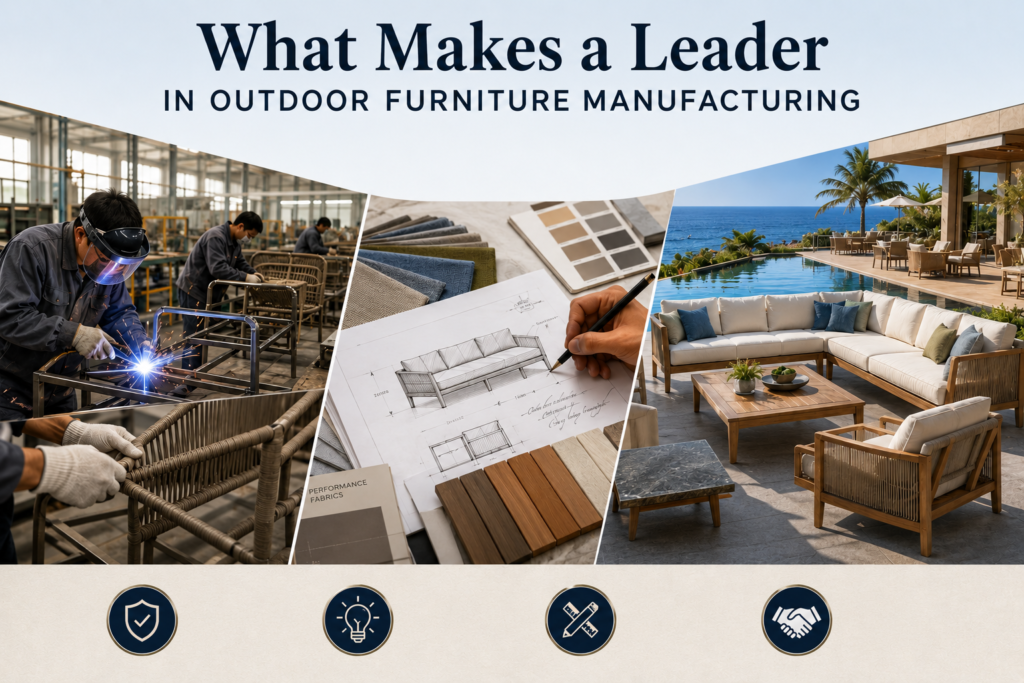 Outdoor furniture manufacturing process showcasing skilled craftsmanship, custom furniture design development, material selection, and a completed luxury outdoor furniture installation, illustrating the key qualities of an industry-leading outdoor furniture manufacturer.