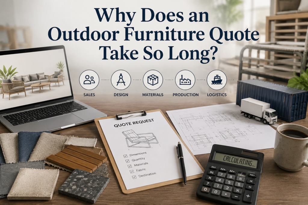 Outdoor furniture quotation process showing product drawings, material samples, logistics planning, and cost calculation, illustrating why accurate outdoor furniture quotes require detailed evaluation and coordination.