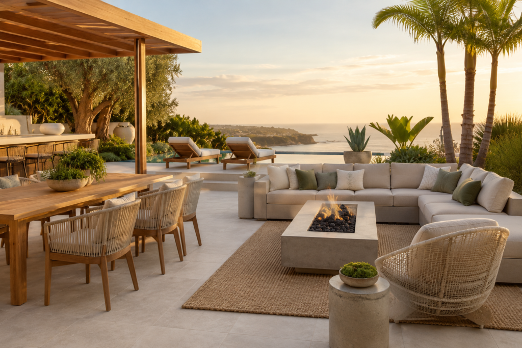 Luxury mix-and-match outdoor furniture featuring a teak dining table, rope dining chairs, aluminum sectional sofa, and fire pit in a modern coastal patio.