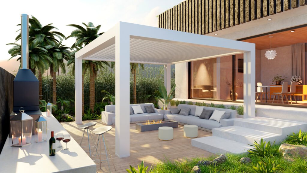Modern luxury patio featuring a mix-and-match outdoor furniture design with an aluminum sectional sofa, fire pit table, pergola, and contemporary outdoor living space.