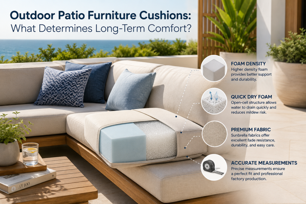 Modern outdoor patio furniture cushions featuring high-density foam, quick dry foam core, and premium Sunbrella fabric on a luxury terrace sofa overlooking the ocean, illustrating the key factors that determine long-term comfort and durability for outdoor seating.