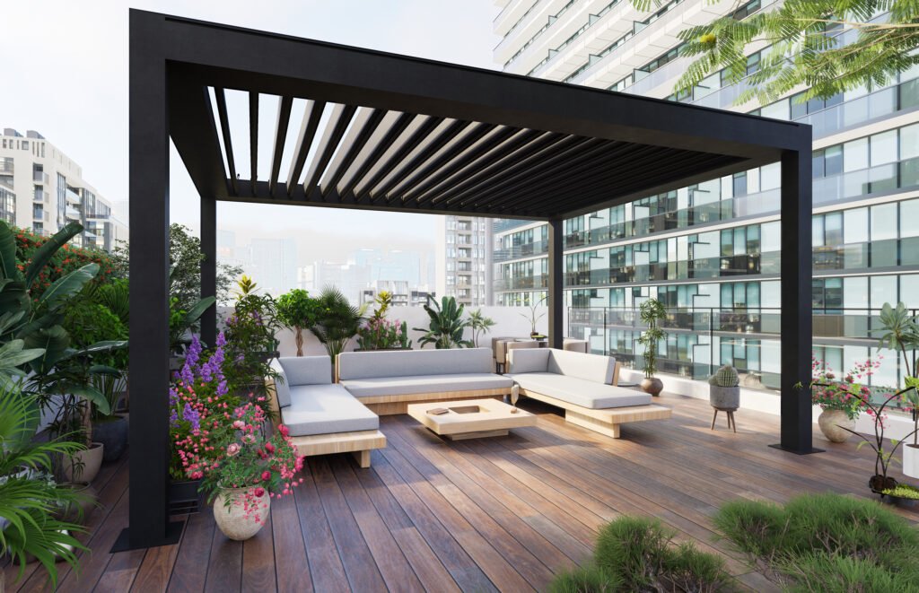 Luxury outdoor living room featuring a pergola, modular outdoor sectional sofa, wood deck, and greenery that seamlessly extends indoor living outdoors.
