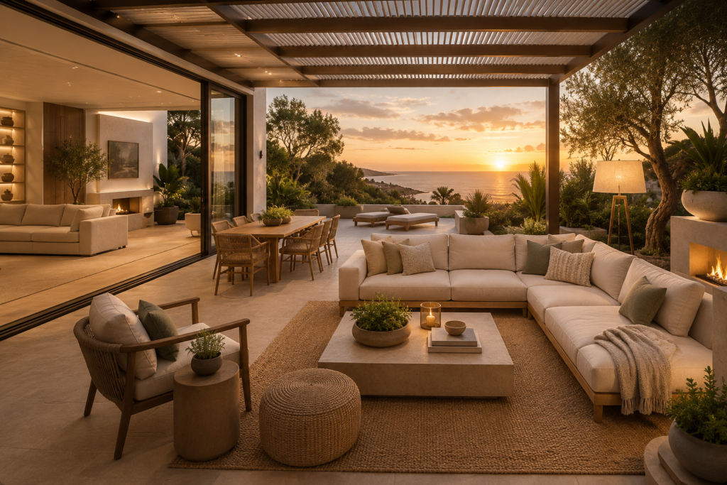 Outdoor space designed to feel like an indoor living room, featuring a modular sofa, teak dining furniture, layered lighting, and seamless indoor-outdoor living.