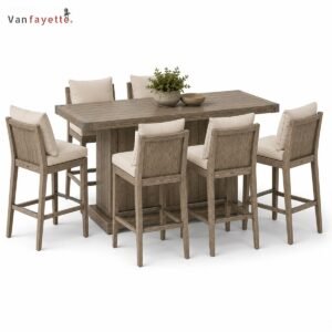 BA18001 teak outdoor dining set for 6 with cushioned high-back chairs, front view