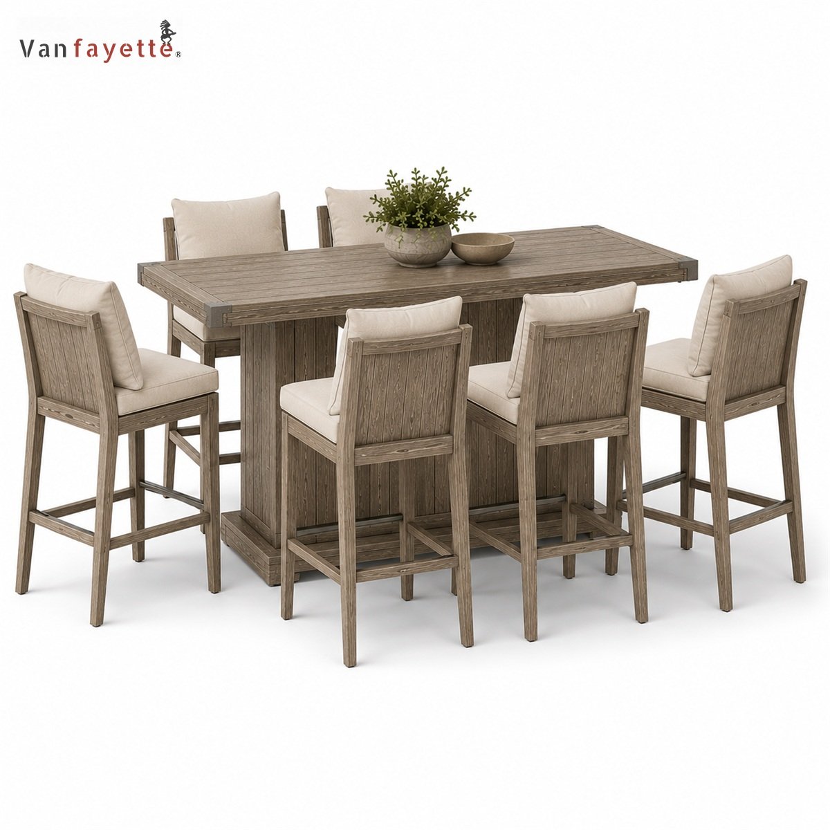 BA18001 teak outdoor dining set for 6 with cushioned high-back chairs, front view