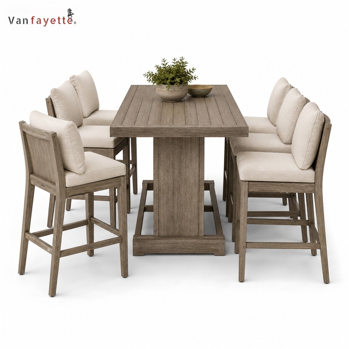 Side view of BA18001 teak outdoor dining set for 6 with bar-height chairs