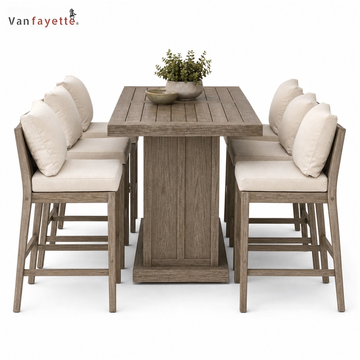 Front view of BA18001 teak outdoor bar table with six cushioned stools