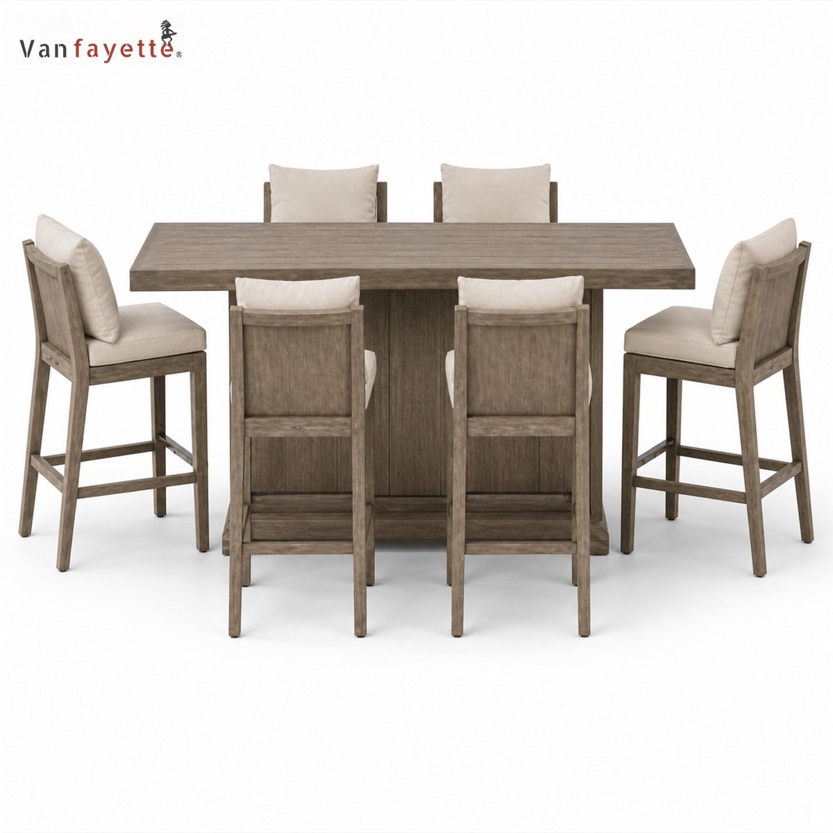Rear view of BA18001 teak outdoor bar stools with backs and matching table