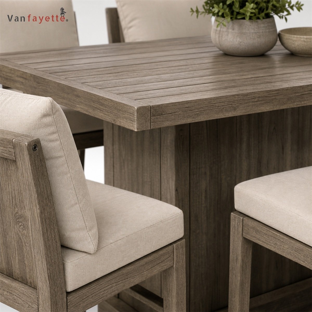 Close-up of BA18001 teak outdoor bar table and cushioned high-back stool