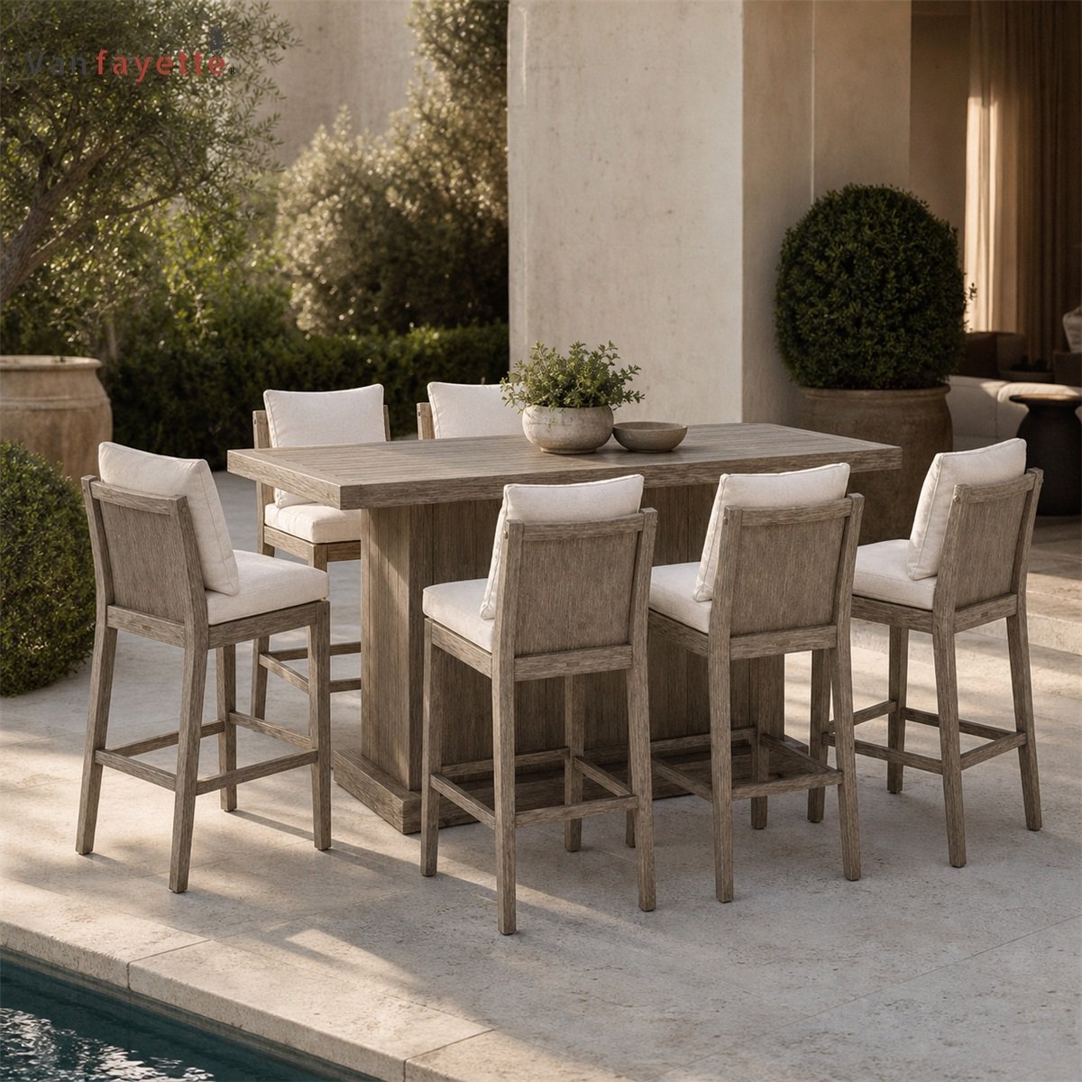BA18001 teak patio bar set with six cushioned stools beside a swimming pool