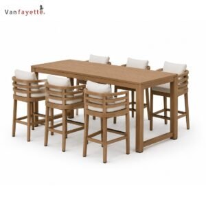 BA18002 teak outdoor bar height table and chairs with six cushioned stools, front view
