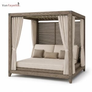 LG-18234 teak outdoor daybed with canopy, front three-quarter view with curtains and cushions