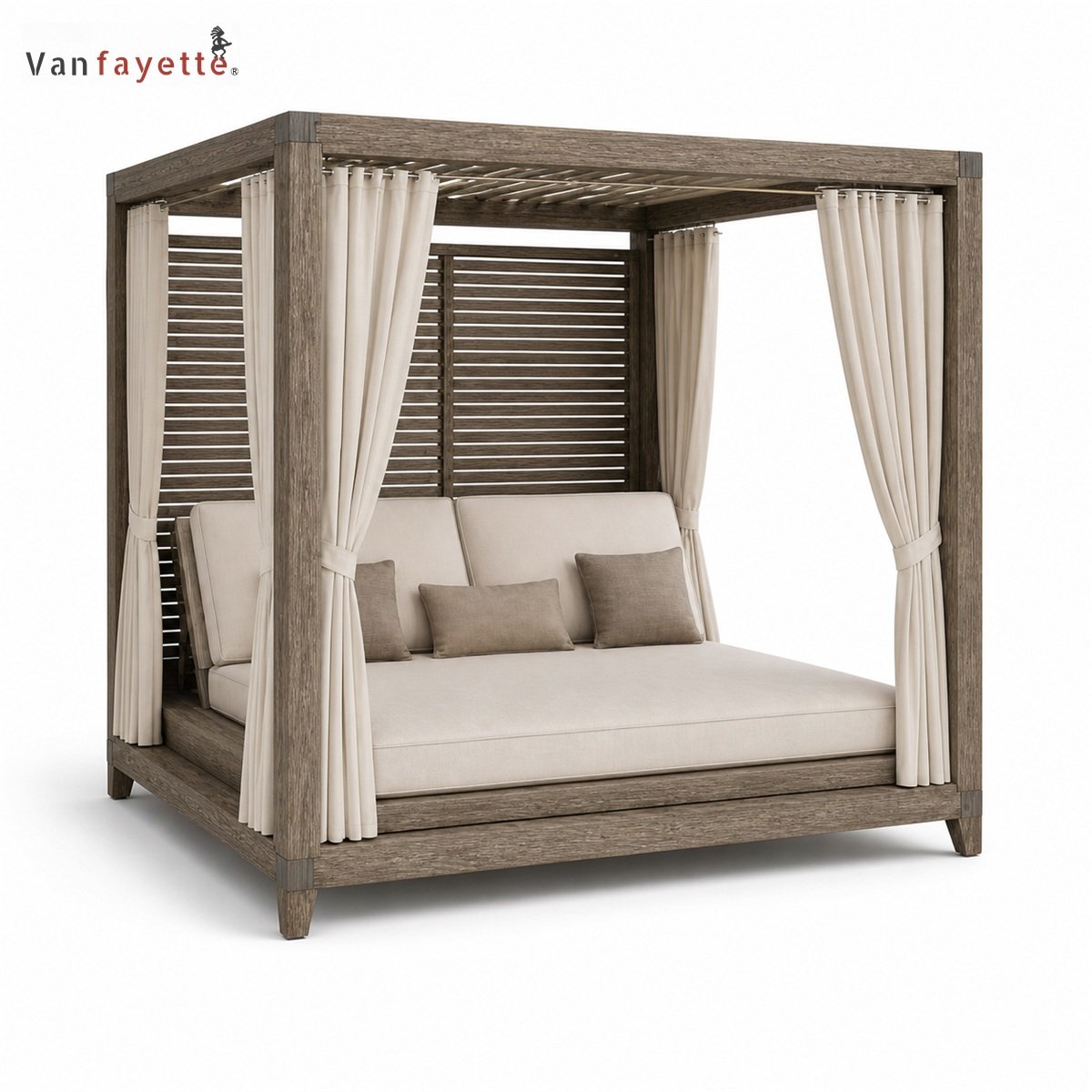 LG-18234 teak outdoor daybed with canopy, left three-quarter view of cushioned double daybed