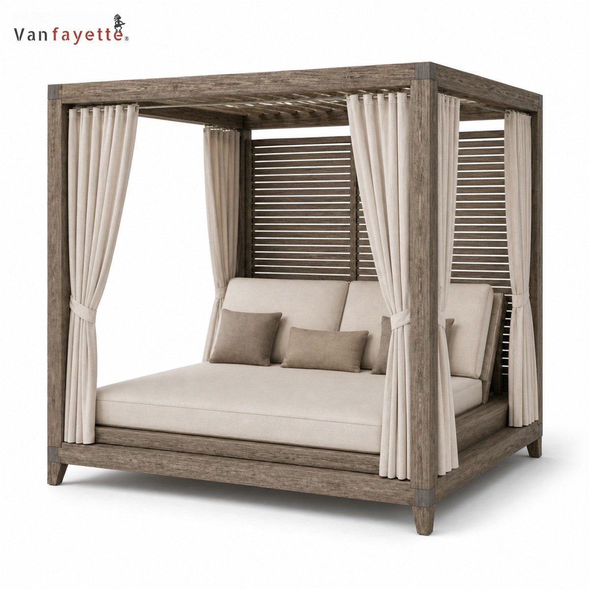LG-18234 outdoor teak furniture canopy daybed with cushions, right front view