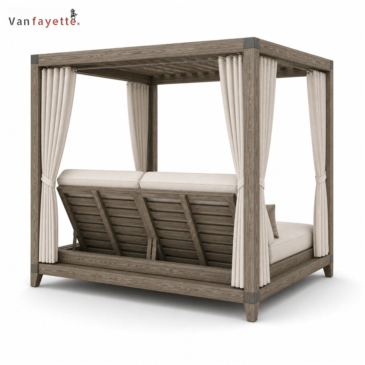 Rear view of LG-18234 teak outdoor daybed showing slatted canopy, frame and back supports