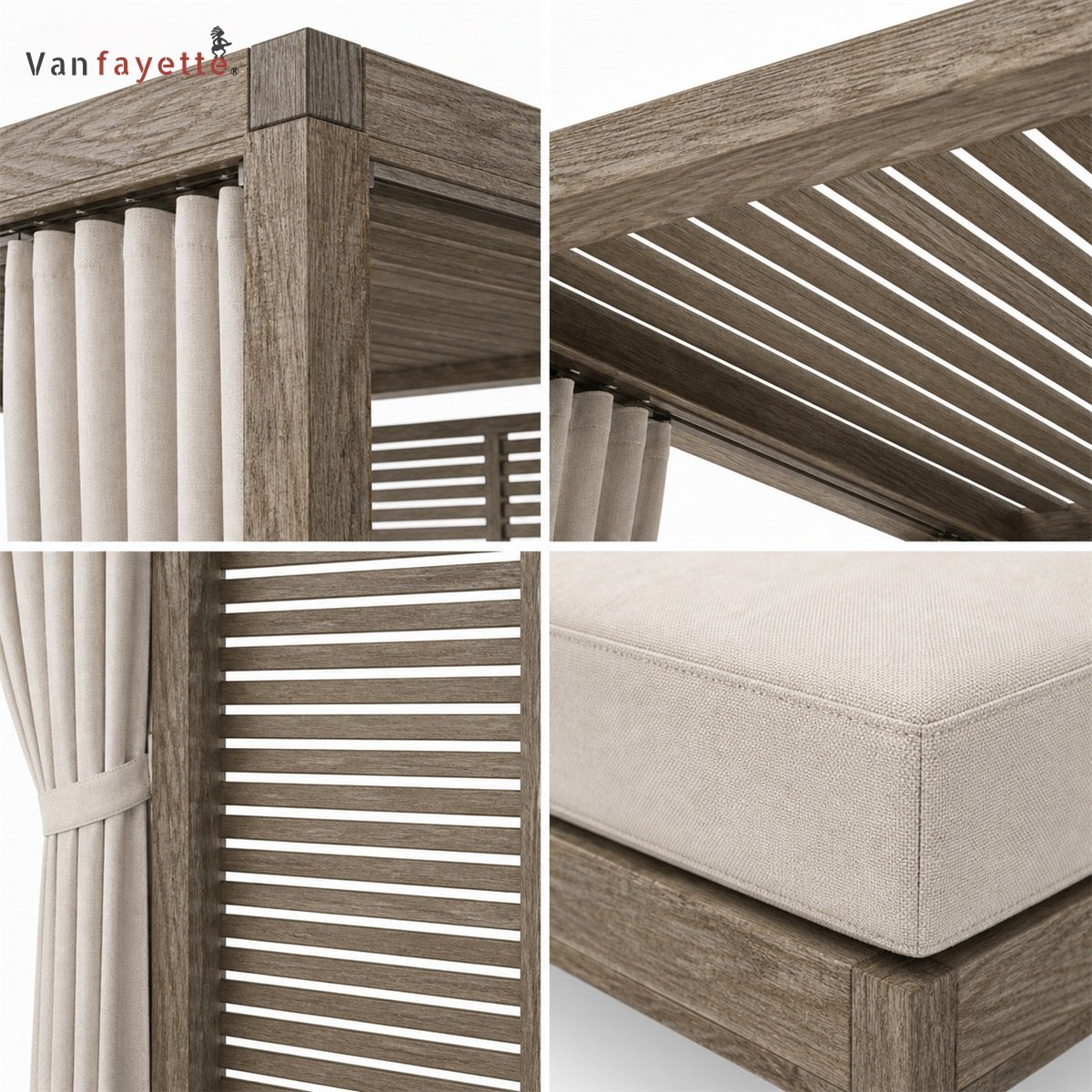 LG-18234 teak outdoor daybed with canopy detail collage of frame, roof, screen and cushion