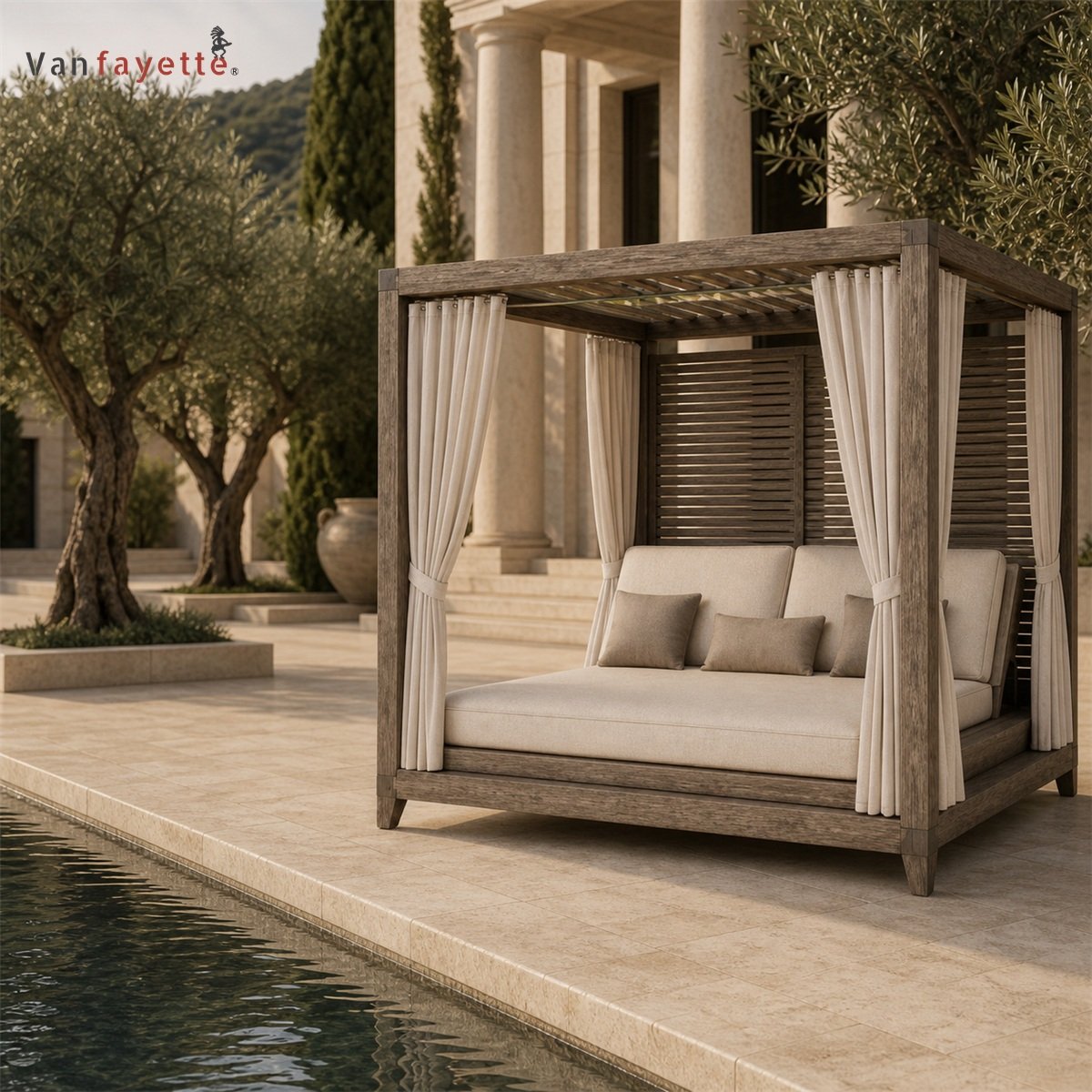 LG-18234 teak pool furniture canopy daybed with curtains beside a villa swimming pool