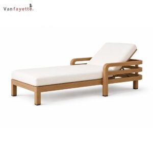 Teak outdoor lounge chair with curved arms, adjustable backrest and cream cushions