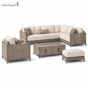 Modern teak outdoor furniture set with corner sofa, lounge chair, ottoman and cabinet coffee table