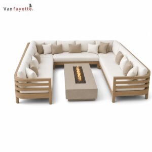 SF26318 U-shaped teak outdoor sectional couch with curved slatted frame, clean front view