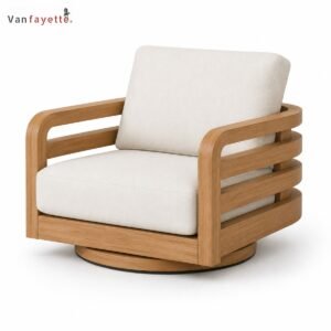SF26319 teak outdoor sofa chair with swivel base and cream cushions, front three-quarter view