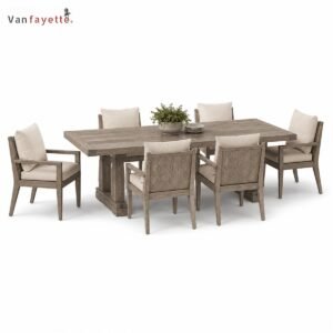 TC-77321 teak outdoor dining set for 6 with rectangular table and cushioned armchairs, front three-quarter view